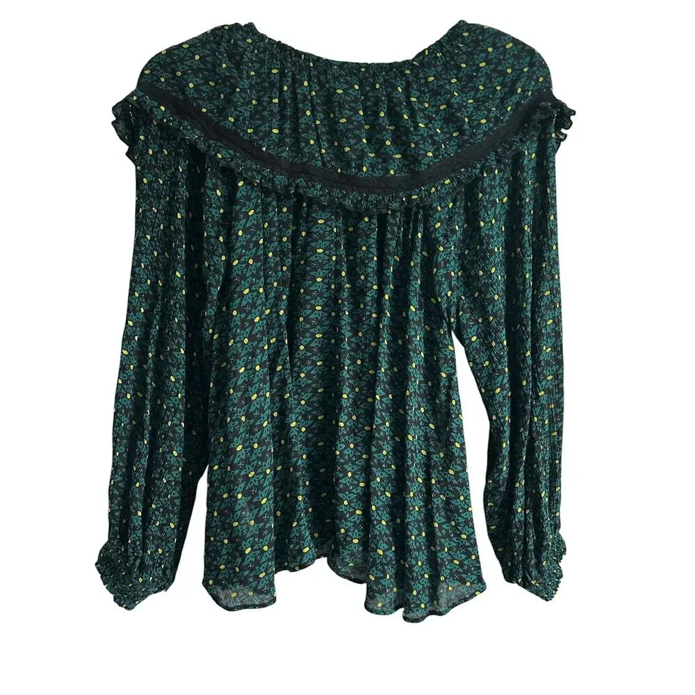Free People Small Petite Oversized Collar‎ Green Floral Print Button Up Blouse